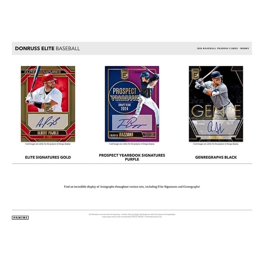 A promotional graphic for DonnuSS Elite Baseball trading cards, showing three sample card designs side by side: Elite Signatures Gold, Prospect Yearbook Signatures Purple, and Generegraphs Black, each featuring a baseball player card with an autograph.