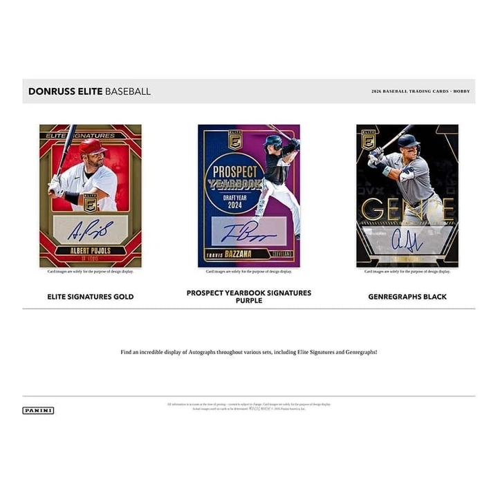 A promotional graphic for DonnuSS Elite Baseball trading cards, showing three sample card designs side by side: Elite Signatures Gold, Prospect Yearbook Signatures Purple, and Generegraphs Black, each featuring a baseball player card with an autograph.