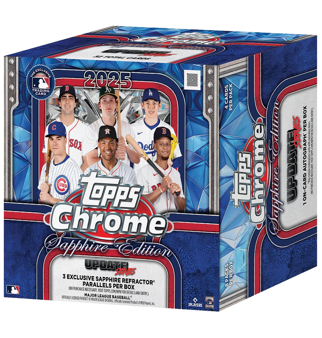 Topps Chrome Sapphire Edition 2025 baseball trading card booster box shown at a three-quarter angle, featuring player photos of Chicago Cubs, Los Angeles Dodgers, and other MLB stars on the front.