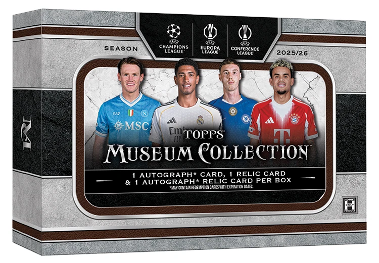Topps Museum Collection soccer trading card box featuring Champions League, Europa League, and Conference League winners from 2025/26, with images of four football players on the front.