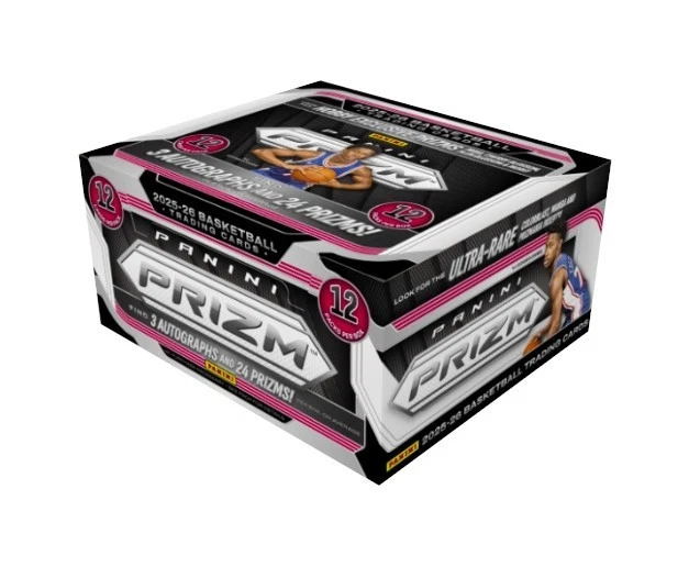 Panini Prizm 2025-26 Basketball Ultra-Rae 12-pack trading card box, shown at a three-quarter angle on a plain white background. 