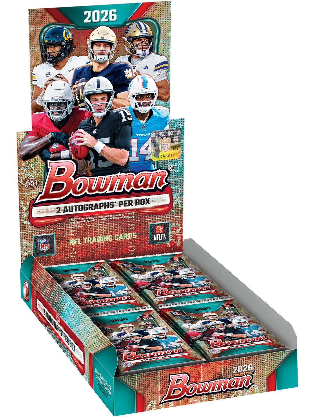 An image of a 2026 Bowman Football Hobby Box showing the official branding, logo, and featured rookie player artwork on the front packaging.