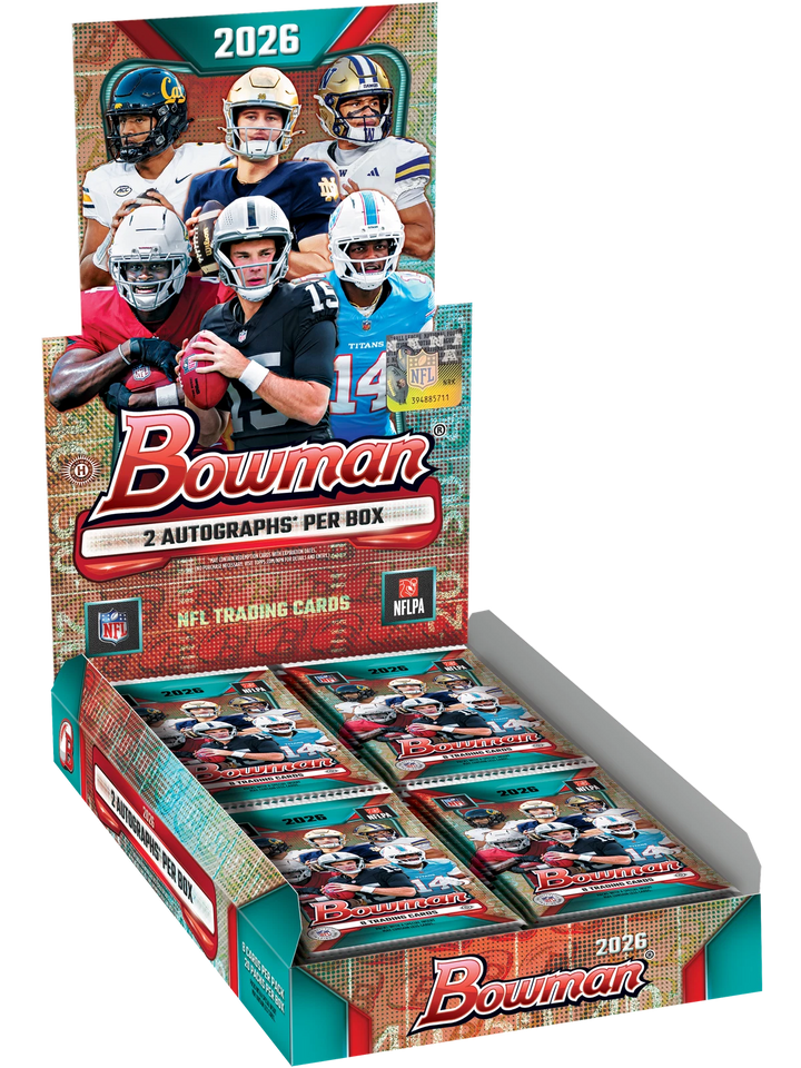 An image of a 2026 Bowman Football Hobby Box showing the official branding, logo, and featured rookie player artwork on the front packaging.