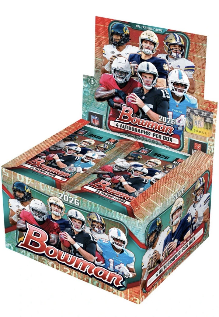 An image of a 2026 Bowman Football Hobby Box showing the official branding, logo, and featured rookie player artwork on the front packaging.