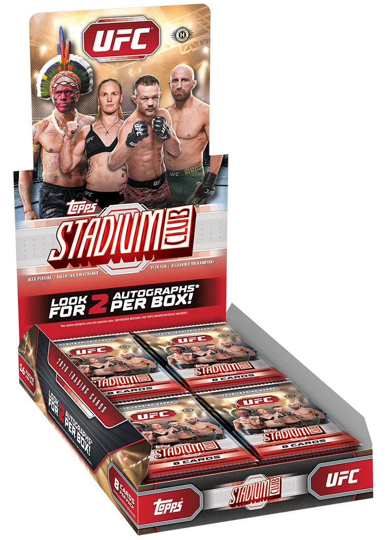 Topps Stadium 2024 UFC autograph trading card display box with multiple sealed Topps Stadium 2024 booster packs inside, shown on a plain white background.