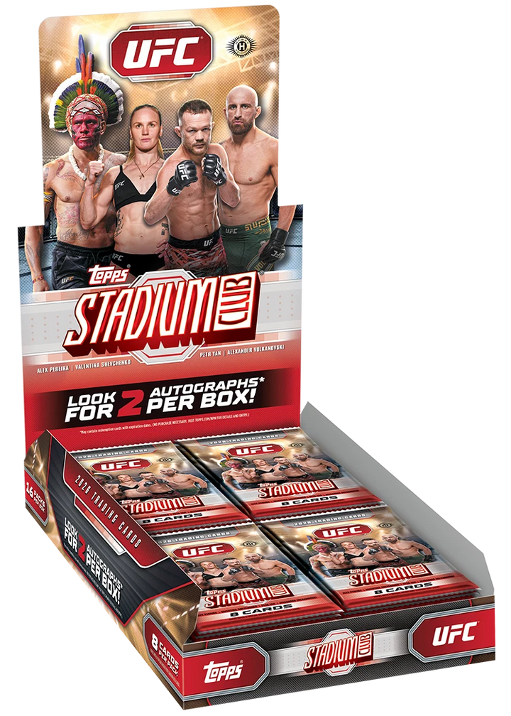 Topps Stadium 2024 UFC autograph trading card display box with multiple sealed Topps Stadium 2024 booster packs inside, shown on a plain white background.
