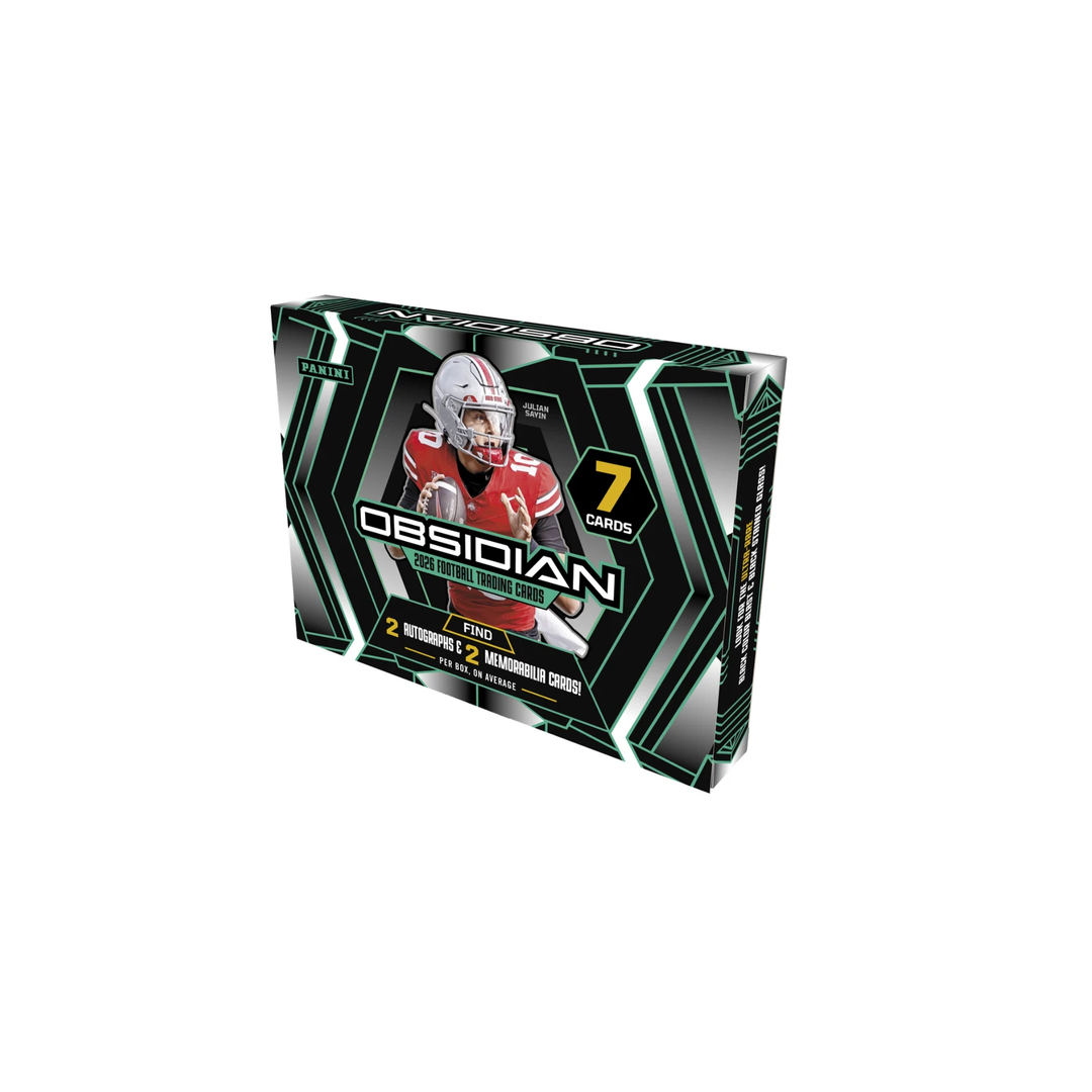 A sealed 2026 Panini Obsidian Football hobby box featuring its signature sleek, dark futuristic design, neon geometric accents, and NFL player imagery.
