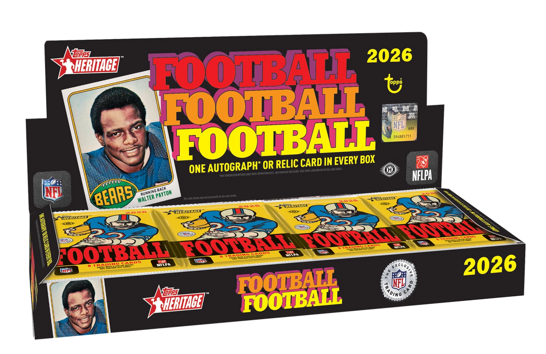 A sealed 2026 Topps Heritage Football hobby box featuring retro card designs, player imagery, and official Topps branding.