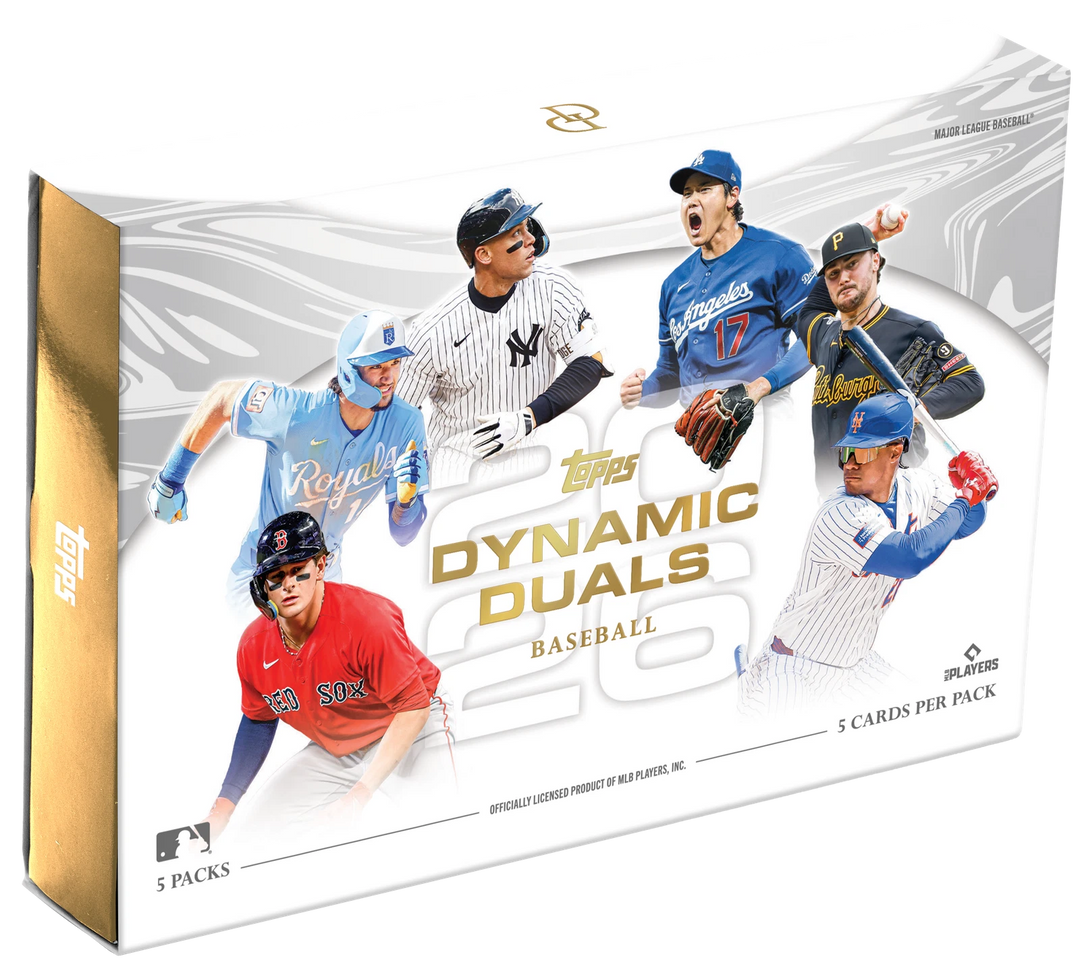 2025 Topps Dynamic Duals Baseball Hobby Box product packaging displaying the logos and text.