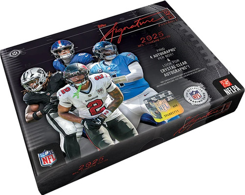 A box of 2025 Topps Signature Class Football cards on a white background.