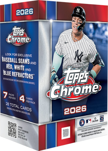 A promotional image of the 2026 Topps Chrome Baseball Blaster Box on a white background. 