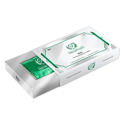 A white and green box of 2025 Topps Triumphant Tennis trading cards on a white background.