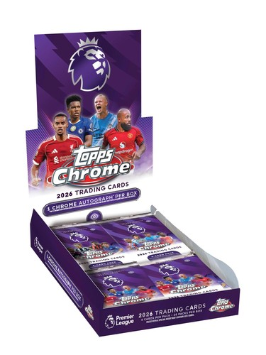 Box of Topps Chrome 2026 Premier League trading cards with player images on a white background