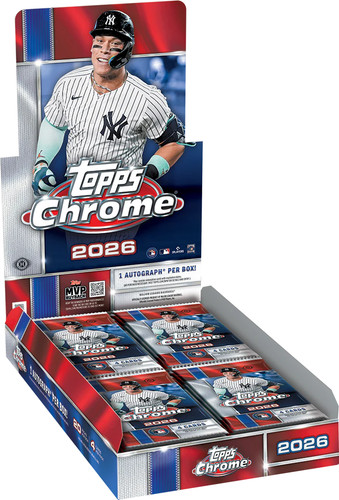 Topps Chrome 2022 baseball trading card booster box with a New York Yankees player on the front, shown on a white background.