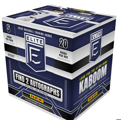 Panini Elite Football Trading Cards 2026 Kaboom Insert! Hobby Box, featuring a navy blue, white, and black design with the Panini logo and 'Elite E' branding.