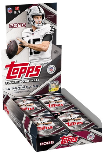 Topps 2026 Flagship Football retail display box filled with individual football trading card packs, featuring a large player graphic on the front panel.
