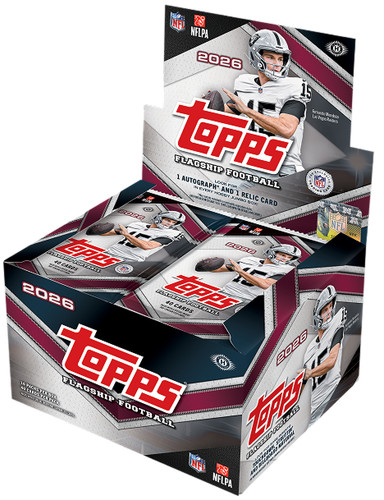 Topps 2026 Flagship Football trading card display box and individual card packs, featuring NFL branding and a football player graphic on the packaging.