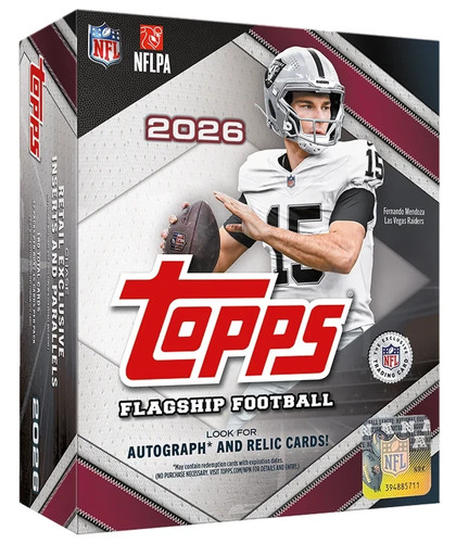 A Topps 2026 NFL football trading card and autograph box. The packaging features a large red 'Topps' logo, '2026' printed in red, and a photo of Dallas Goedehaus in a Los Angeles Raiders jersey.