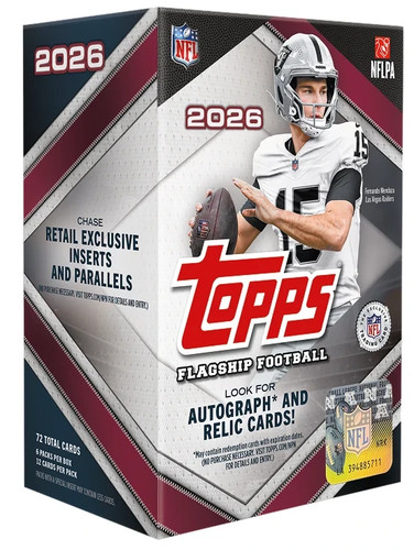 Topps 2026 NFL football trading card box featuring a photo of a Raiders quarterback on the front, with NFL and NFLPA logos and a small card pack pictured at the bottom right.