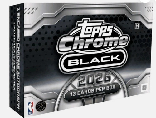 Topps Chrome Black 2026 basketball trading card autograph box, featuring a metallic silver and black design with the Topps logo and NBA logo.