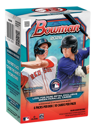Bowman 2026 baseball trading card packaging with two players on a white background